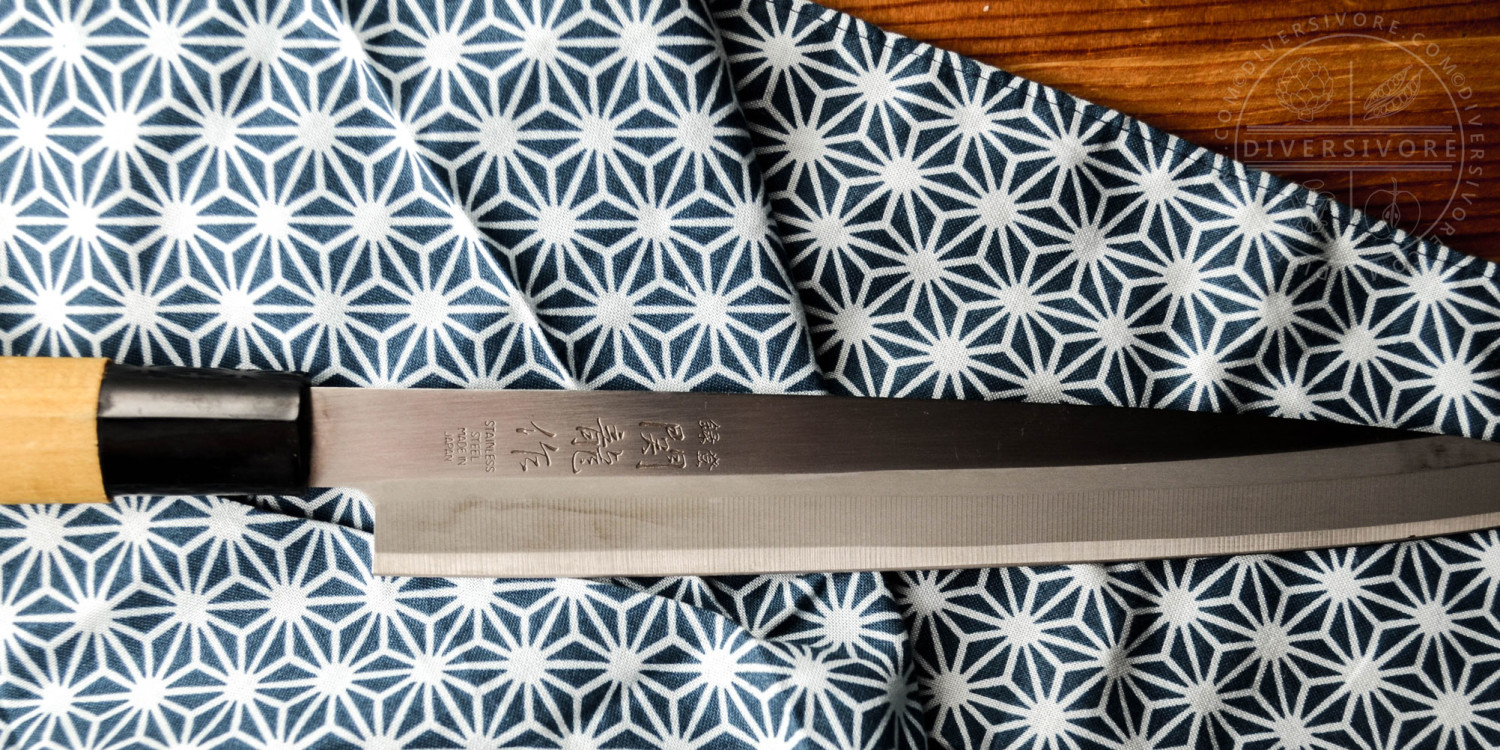 Sashimi knife on a printed Japanese cloth for Diversivore.com