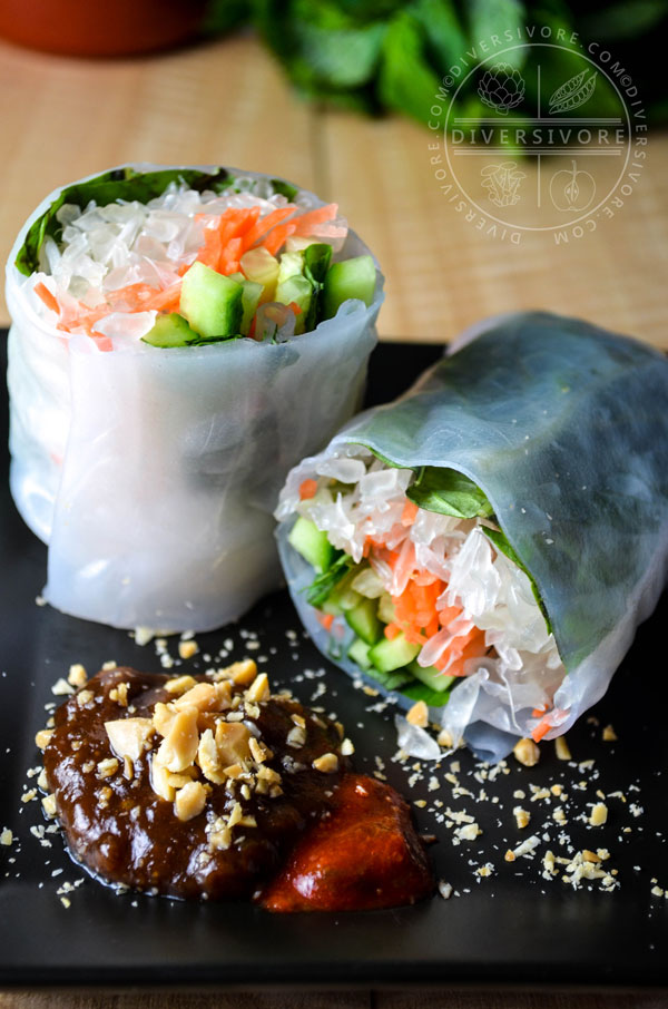 Pomelo salad rolls with a hoisin-peanut dipping sauce