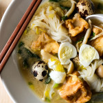 Kitsune nabe - miso hot pot with vegetables, fried tofu and quail eggs - Diversivore.com