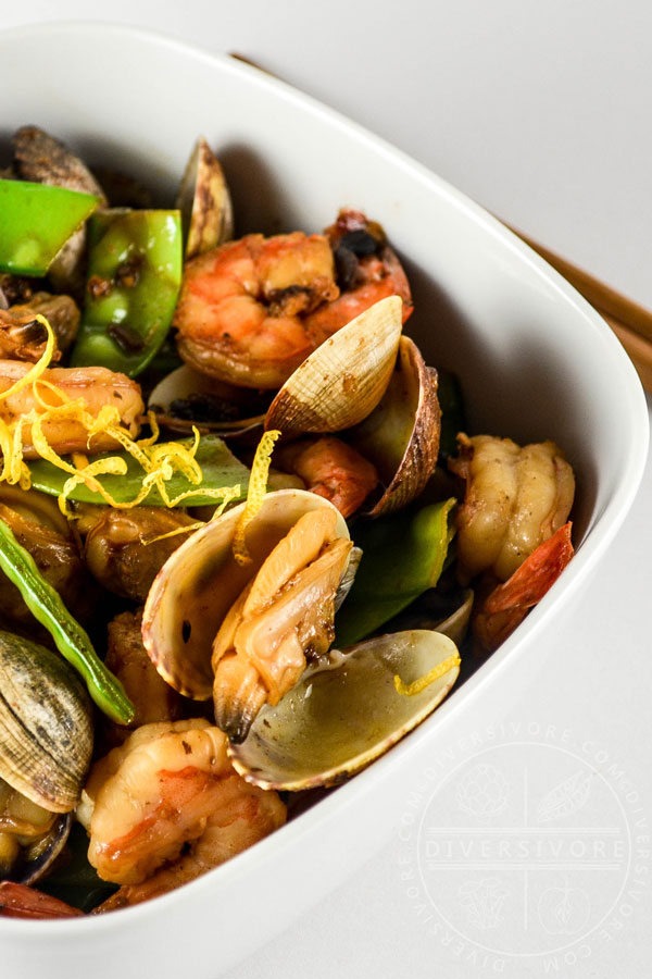 Stir-fried Shrimp and Clams with Snow Peas in a Citrus and Black Bean Sauce