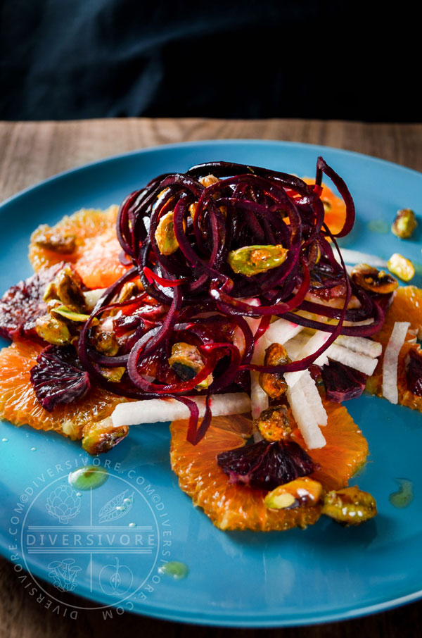 Mexican Christmas Salad (Ensalada de Navidad) with beets, jicama, cara cara oranges, and candied pistachios