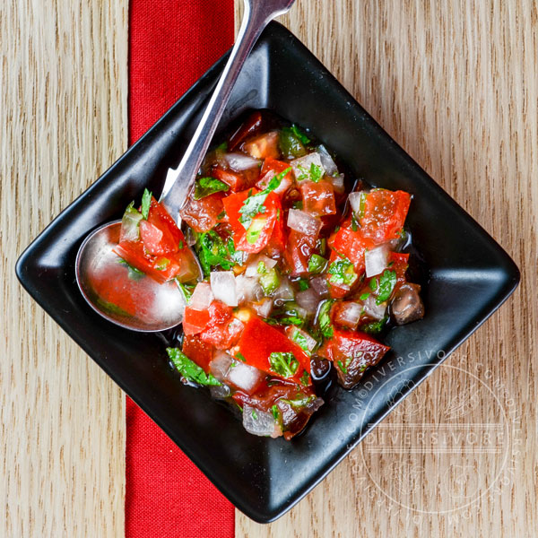 Pico de Gallo in a small square ceramic dish