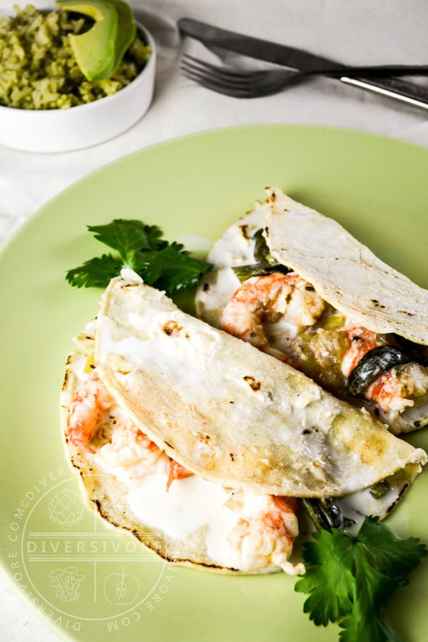 Spot prawn and raja enchiladas with a creamy buttermilk sauce