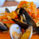 San Diego Mussel and Clam Linguine with coconut milk and squash blossoms - Diversivore.com