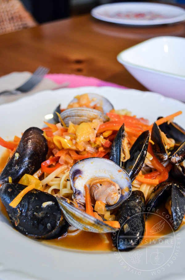 San Diego Mussel and Clam Linguine with Vegetables