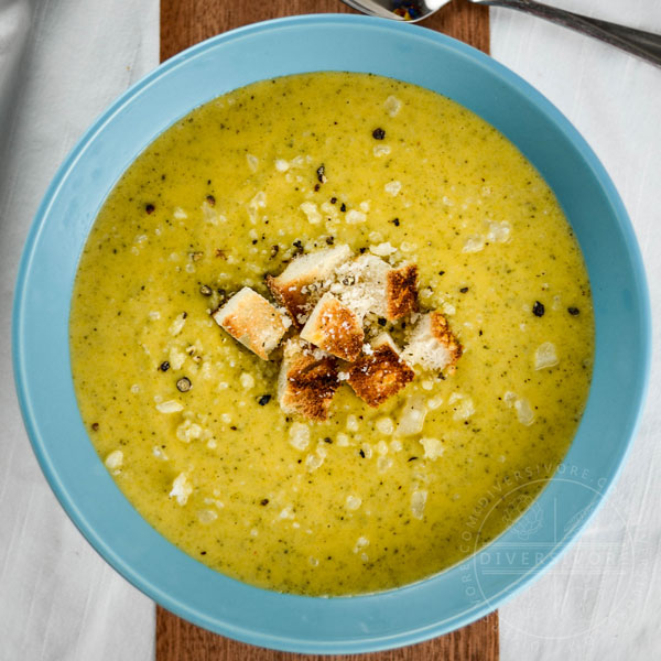 Healthier Broccoli Cheddar Soup with Parmesan Croutons