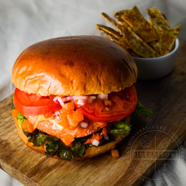 Fresh Salmon Burgers with Apricot Relish and Quadruple-M Sauce