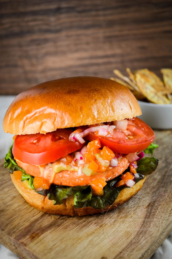 Salmon Burgers with Apricot, Apricot Relish, and Quadruple-M Sauce