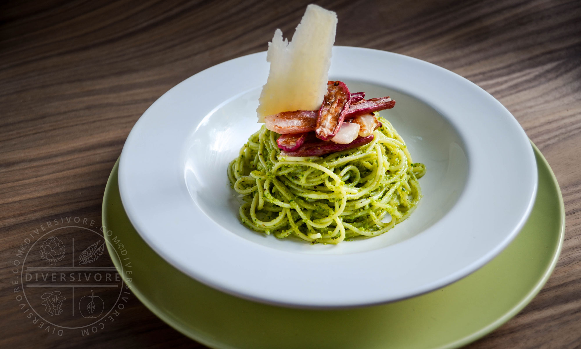 Roasted Radishes with Pistachio and Radish Green Pesto, served with pasta and Parmigiano cheese