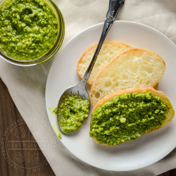 Roasted Radishes with Pistachio and Radish Green Pesto, served with bread.