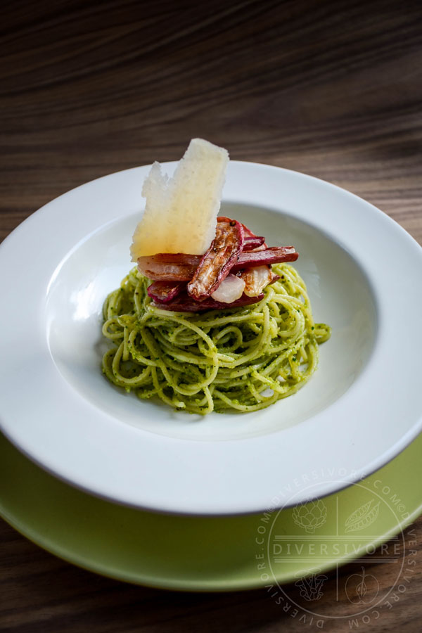 Roasted Radishes with Pistachio and Radish Green Pesto, served with pasta and Parmigiano cheese