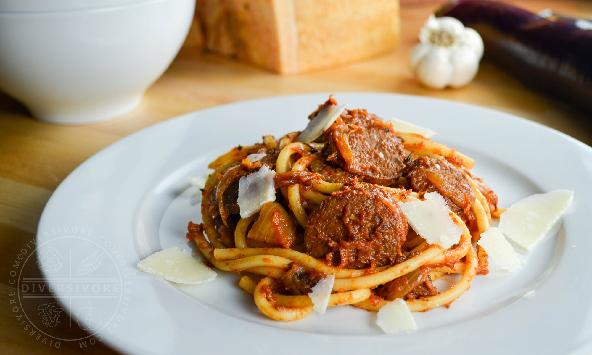 Featured image for “Sausage and Eggplant Bucatini with Fennel Tomato Sauce”