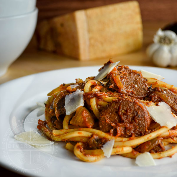 Sasuage and Eggplant Bucatini with Fennel Tomato Sauce