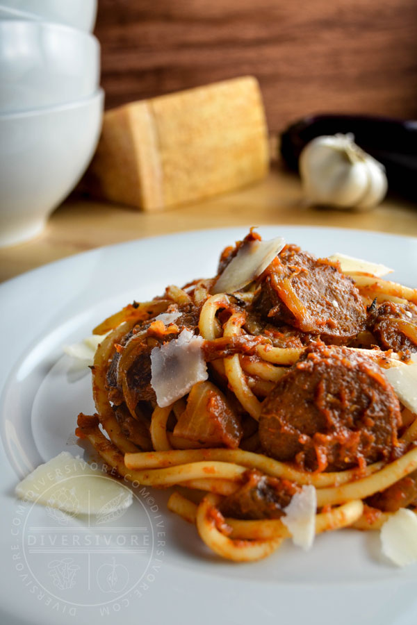 Sausage and Eggplant Bucatini with Fennel Tomato Sauce