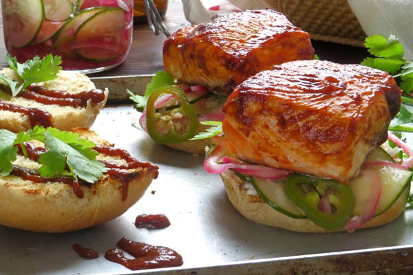 Cedar-planked salmon sliders on buns