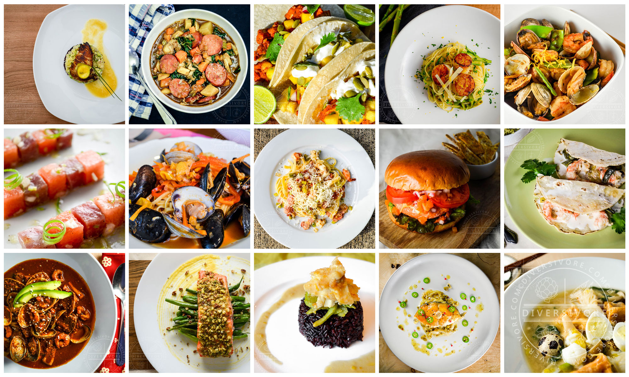 A collage of recipes from Diversivore.com featuring sustainable seafood.