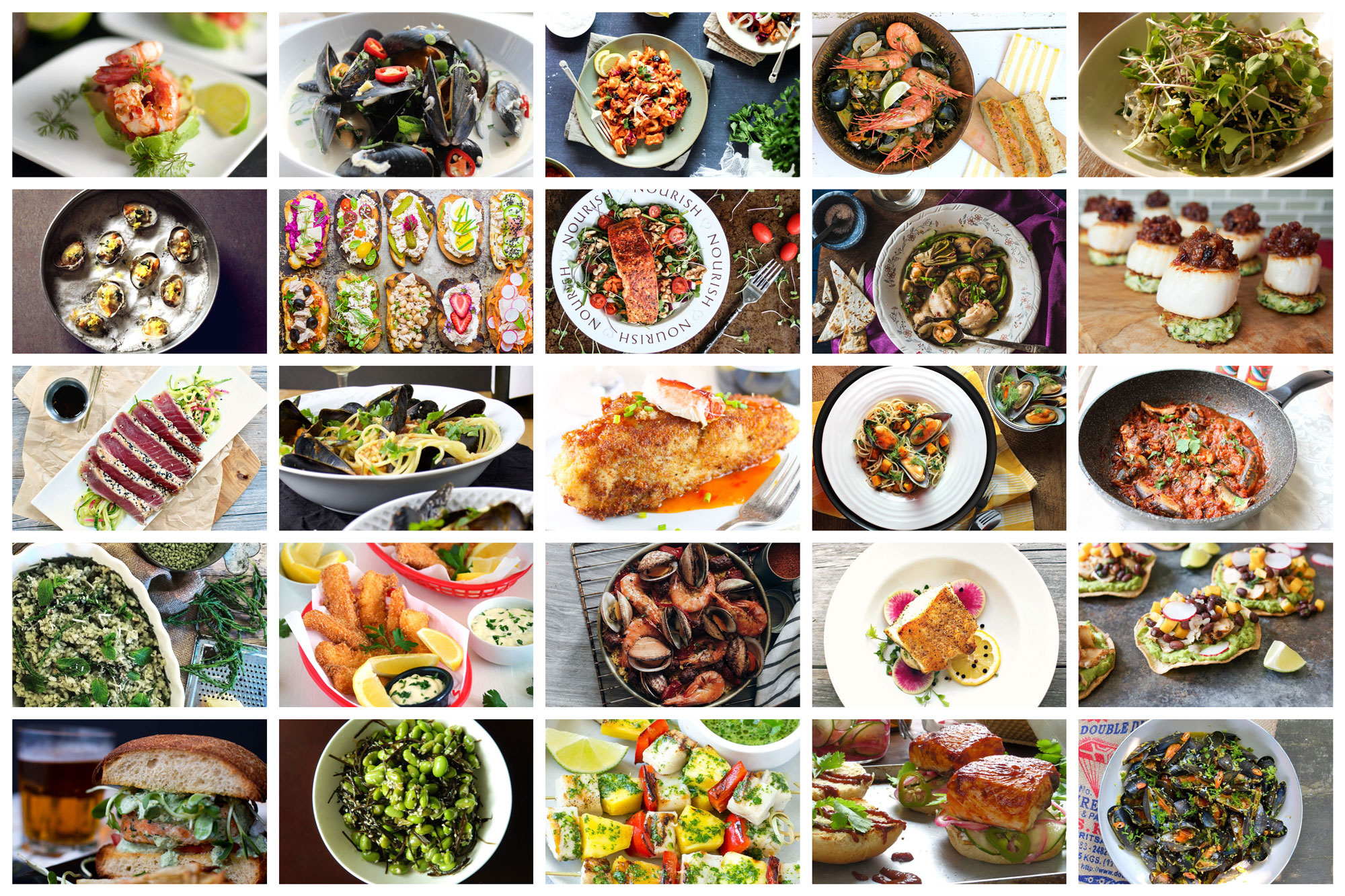 A collage of recipes from around the web showcasing sustainable seafood recipes