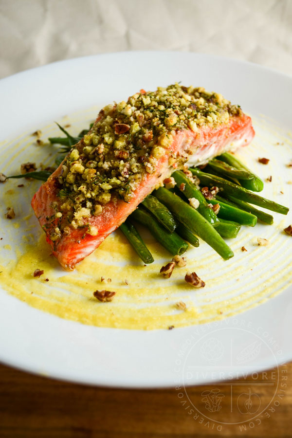 Honey and Dijon Baked Salmon with Pecans, served on a bed of green beans