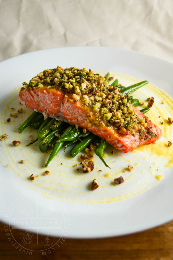 Honey and Dijon Baked Salmon with Pecans, served on a bed of green beans