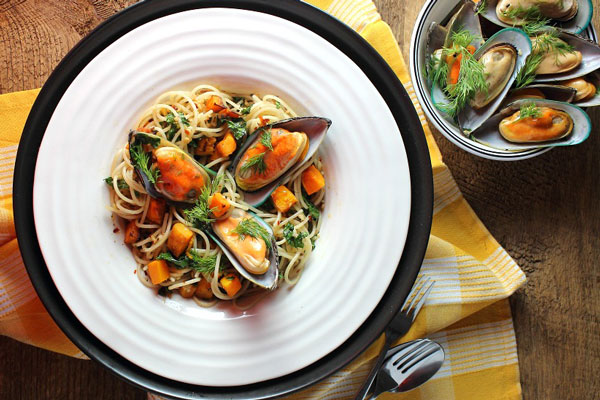 New Zealand mussels with quinoa spaghetti and roasted squash