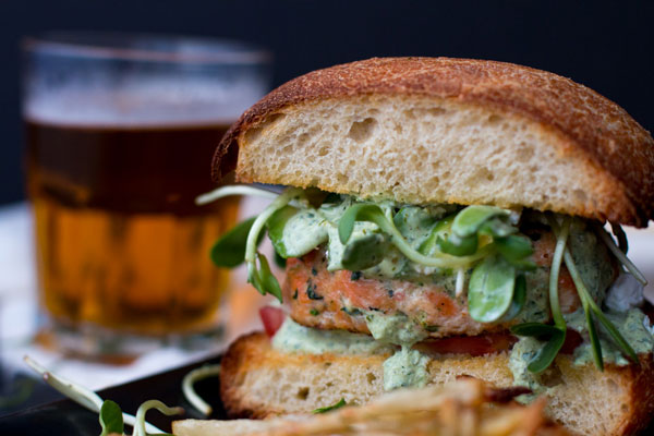 Salmon burgers with garlic dill fries