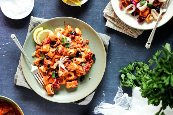 Sauteed calamari with romesco sauce