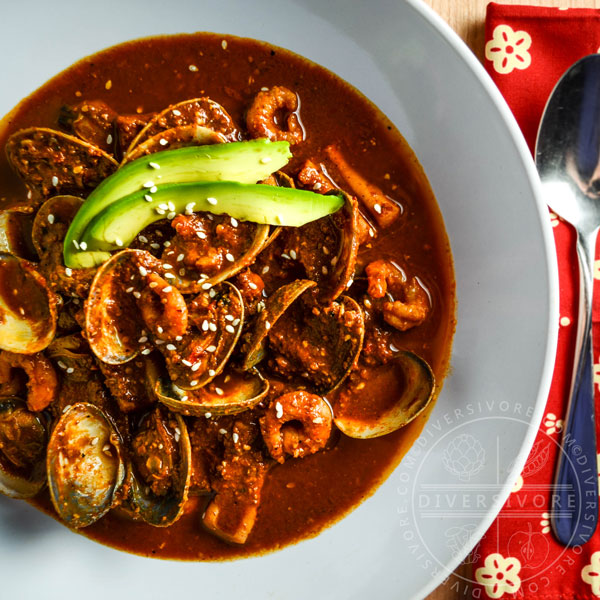 Mexican red pipian seafood soup