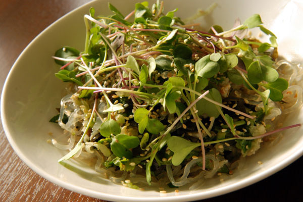 Seaweed and greens salad with kelp noodles and wakame
