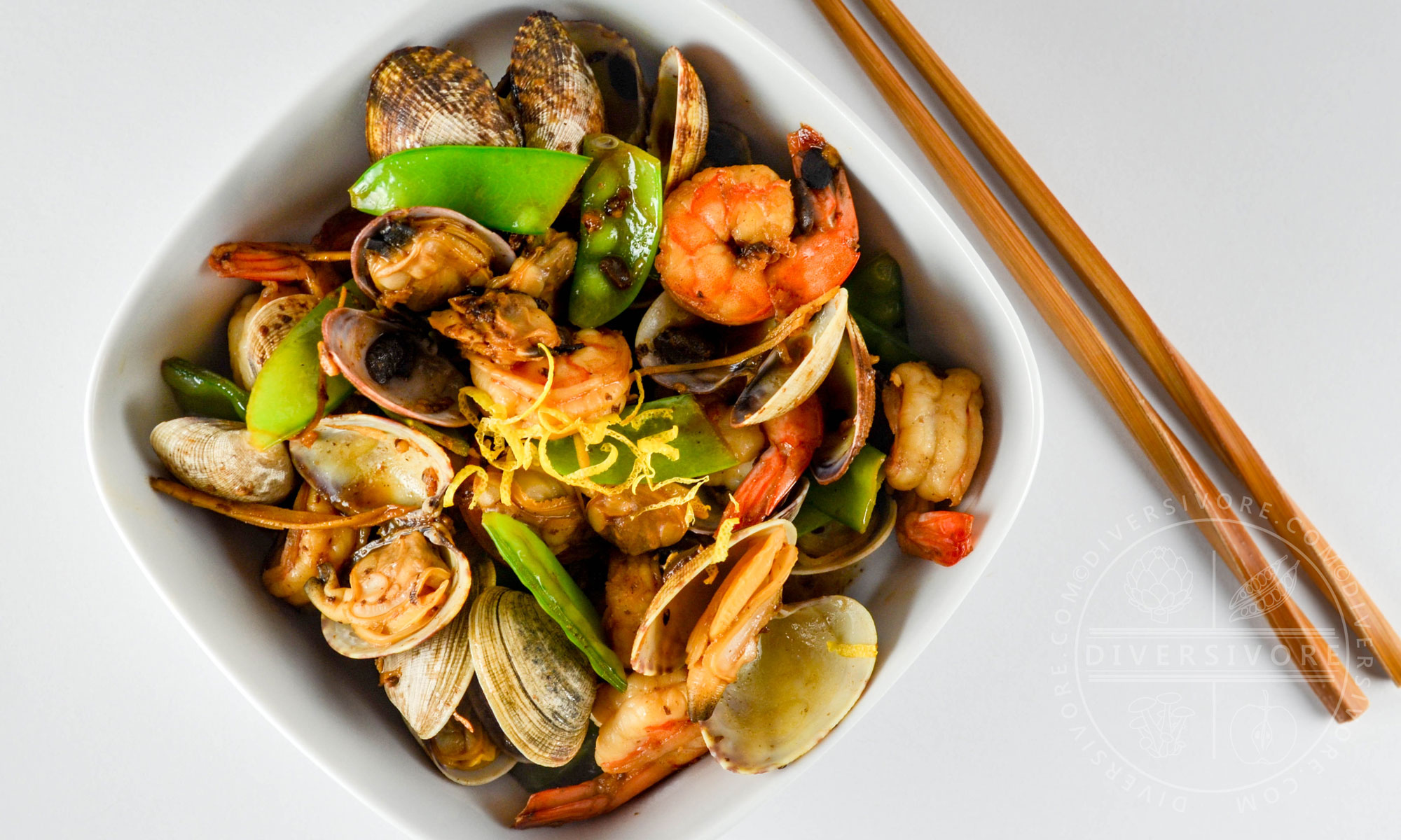 Stir-fried Shrimp and Clams with Snow Peas in a Citrus and Black Bean Sauce