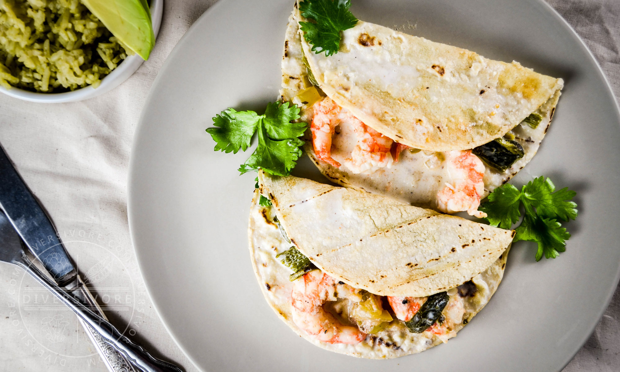 Spot prawn and raja enchiladas with a creamy buttermilk sauce