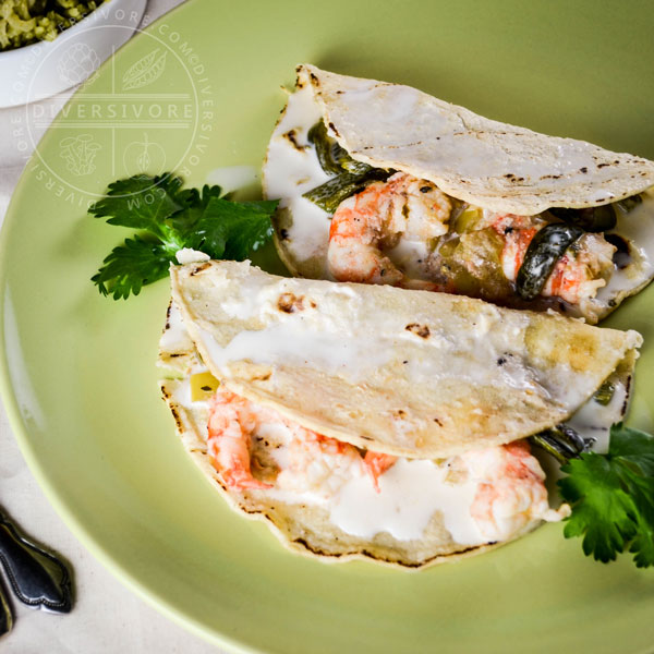 Spot Prawn and Raja Enchiladas with Creamy Buttermilk Sauce