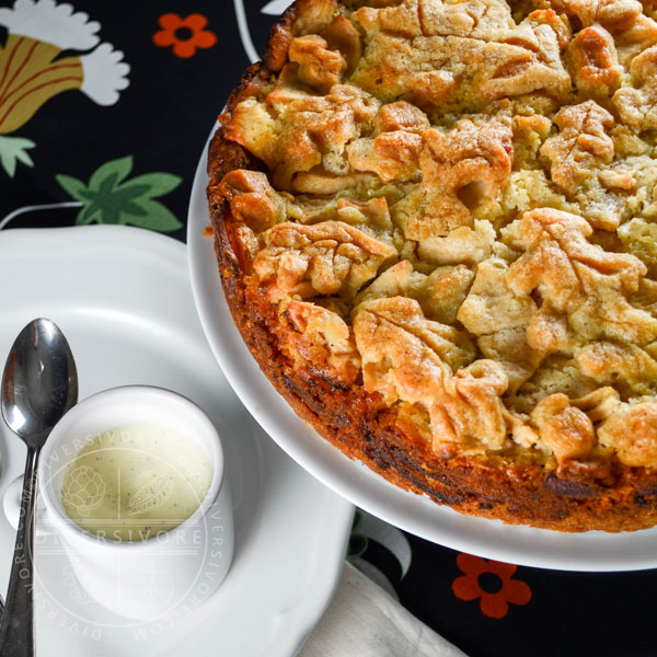 Swedish apple cake and vanilla sauce on separate platters