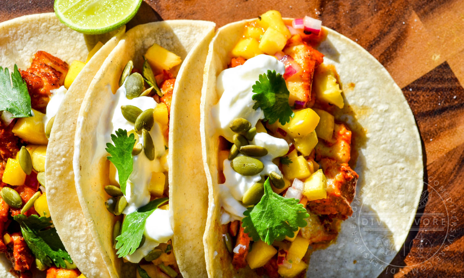 Yucatecan Mexican Fish Tacos with Green Peach Salsa - Diversivore.com