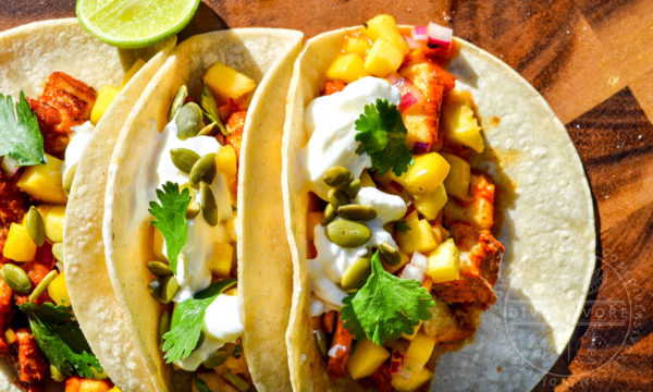 Yucatecan Fish Tacos with Green Peach Salsa