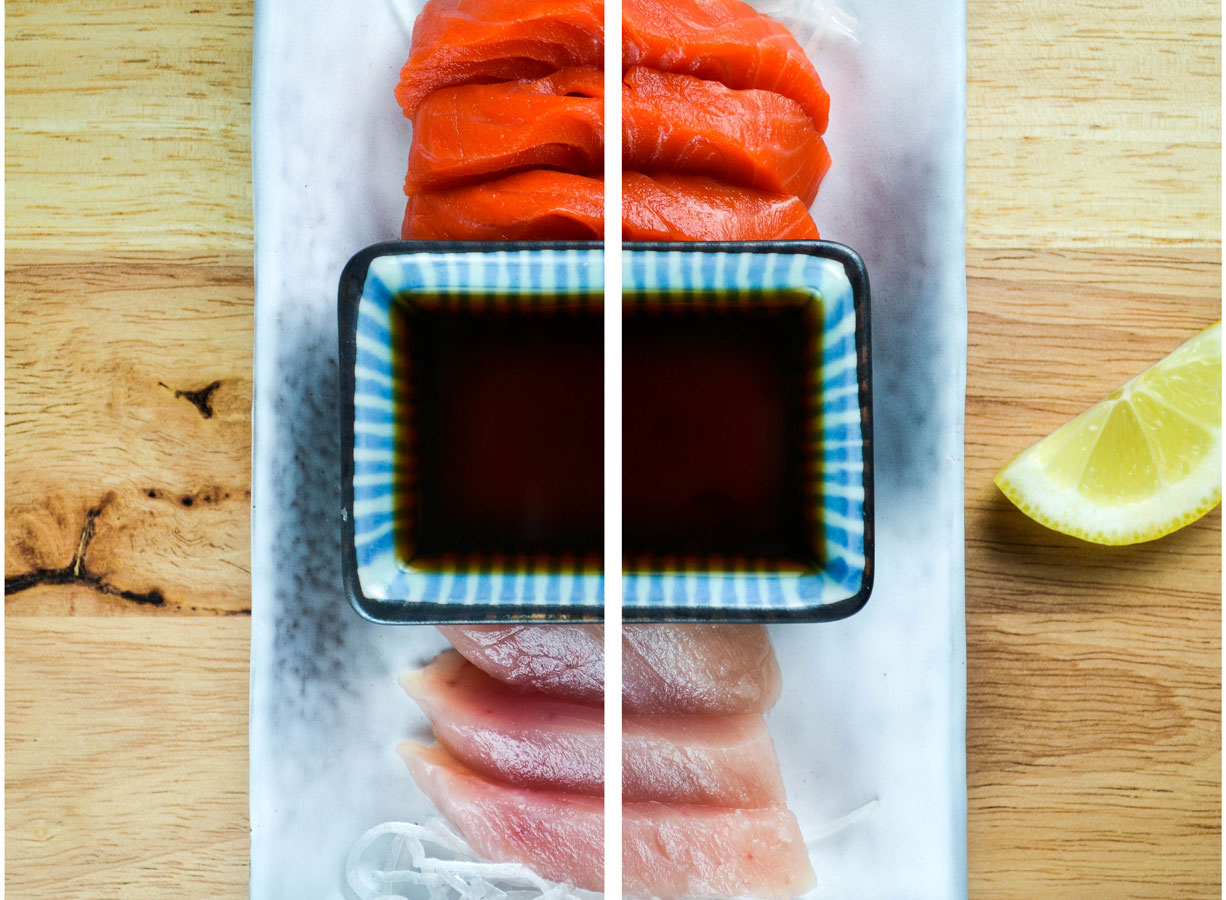 A diptych with ponzu shoyu, sashimi, and a lemon wedge.