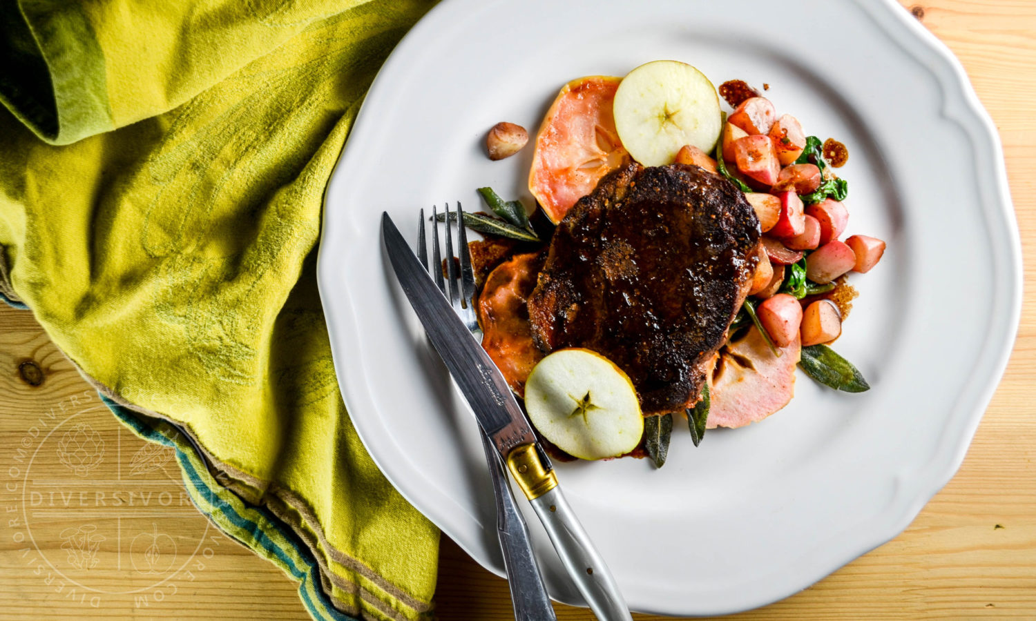 Pork neck steaks with sage brown butter, roasted radishes, fried sage, and apples - Diversivore.com