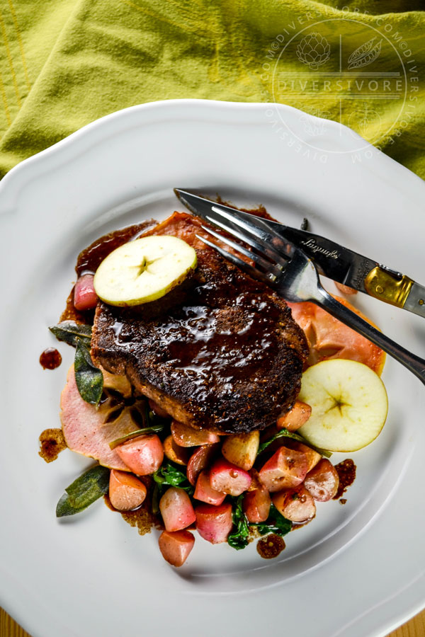 Pork neck steaks with apple, sage brown butter, and roasted radishes