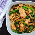 Stir Fried Udon with Chicken, Shimeji, and Broccolini - Japanese ingredients with a Chinese twist - Diversivore.com