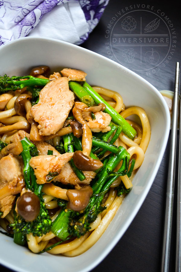 Udon noodles with chicken, broccolini, and shimeji mushrooms