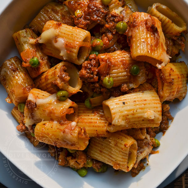 Beef Rigatoni with Caramelized Onions and White Wine, served in a square bowl with rounded edges