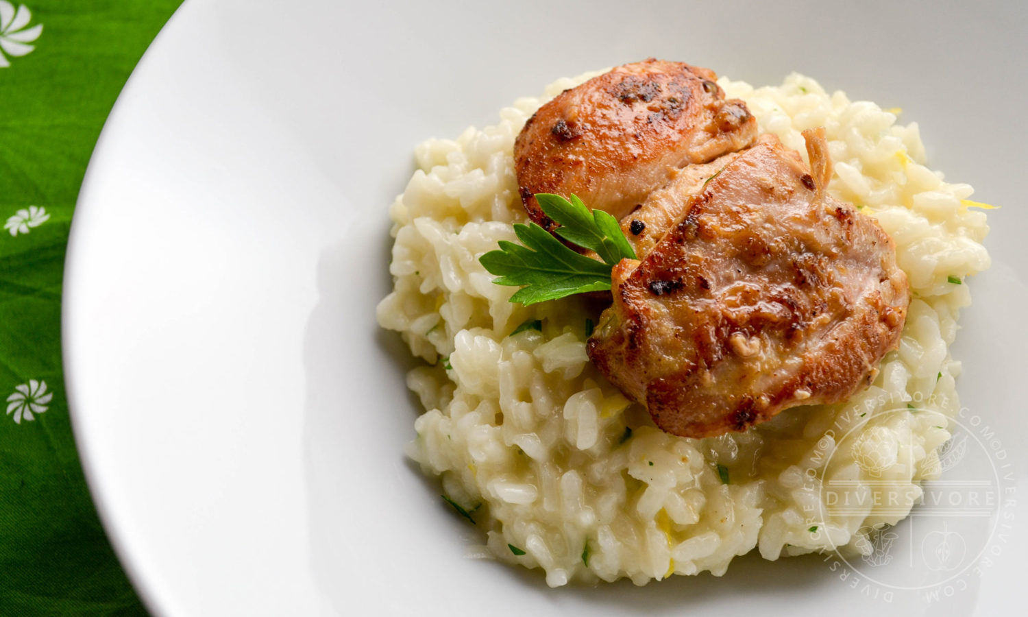 Ginger and karashi mustard chicken, shown here on a bed of Japanese lemon-herb risotto - Diversivore.com