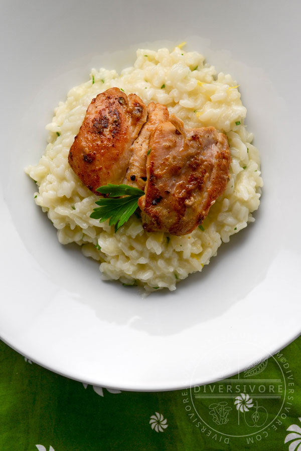 Ginger karashi chicken on a bed of lemon-herb risotto