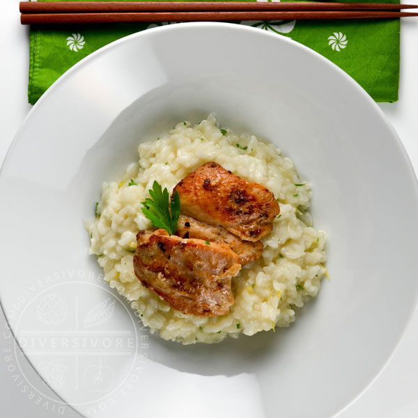 Ginger and karashi mustard chicken, shown here on a bed of Japanese lemon-herb risotto - Diversivore.com