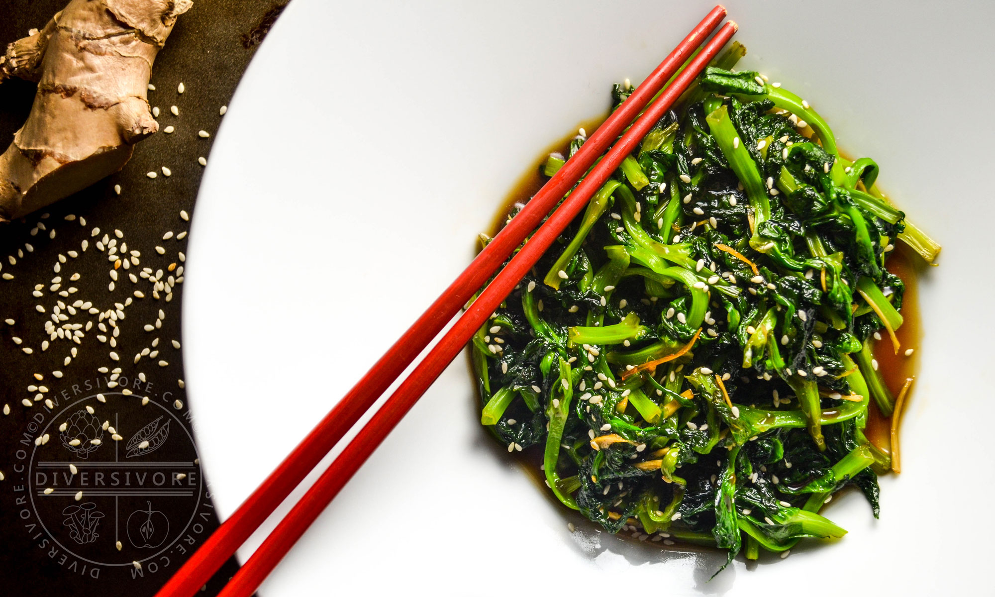 Honey and Ginger Pea Tips with chopsticks in a large white bowl