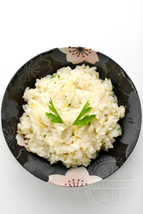 Japanese Lemon Herb Risotto in a decorative floral bowl