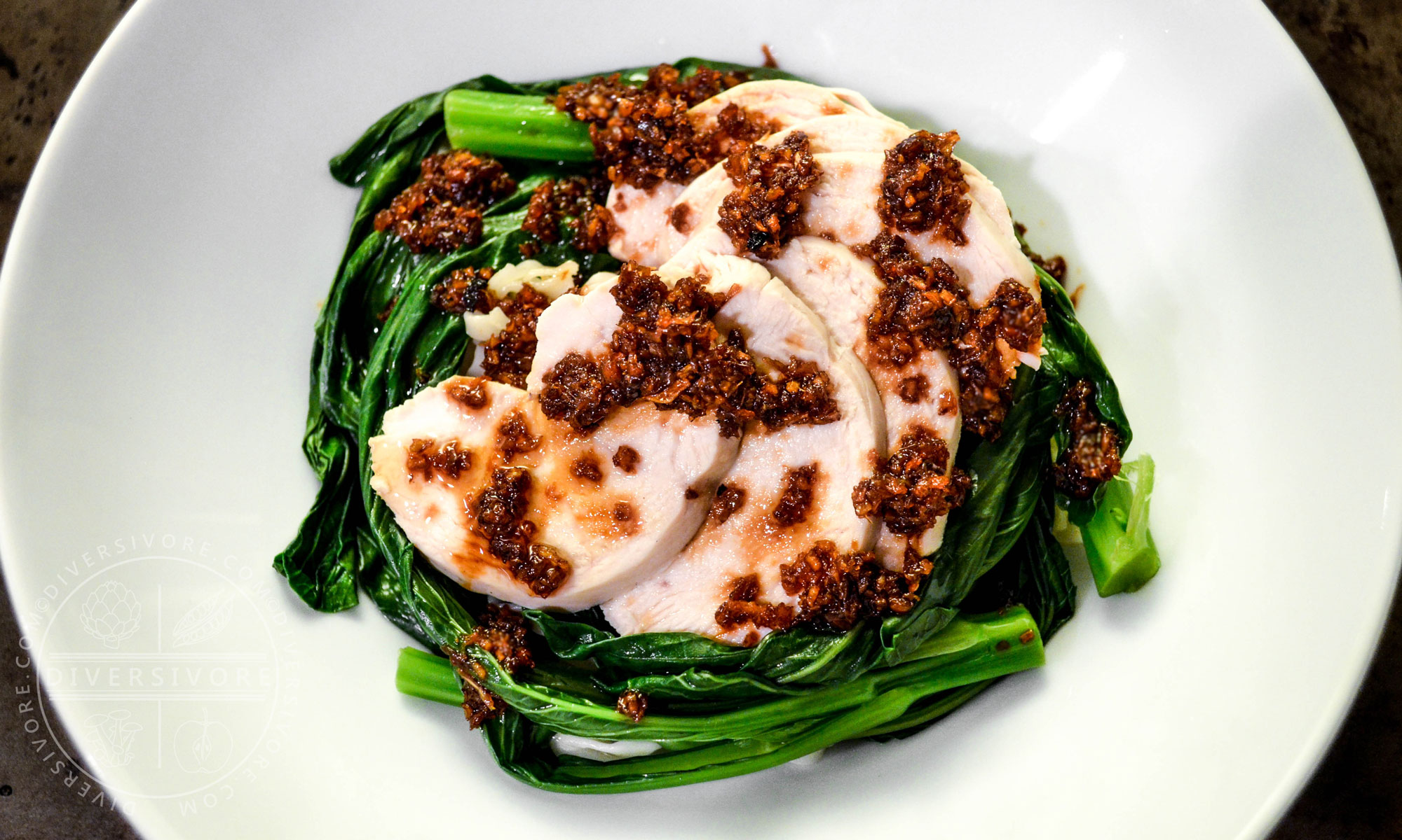 Hakka-style Poached Chicken and Choy Sum with a Garlic and Ginger Sauce