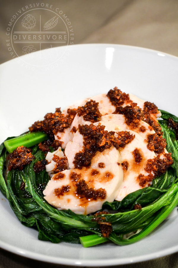 Hakka-style Poached Chicken and Choy Sum with a Garlic and Ginger Sauce