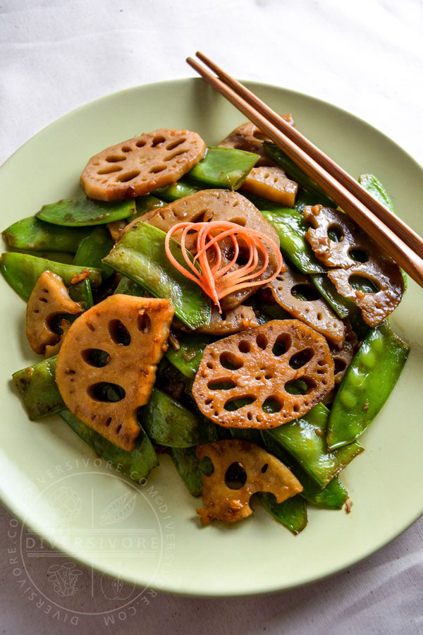 Stir-fried snow peas and lotus