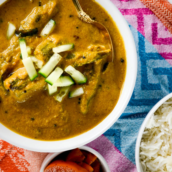 Roasted Okra Kuzhambu (South Indian Curry) in a bowl