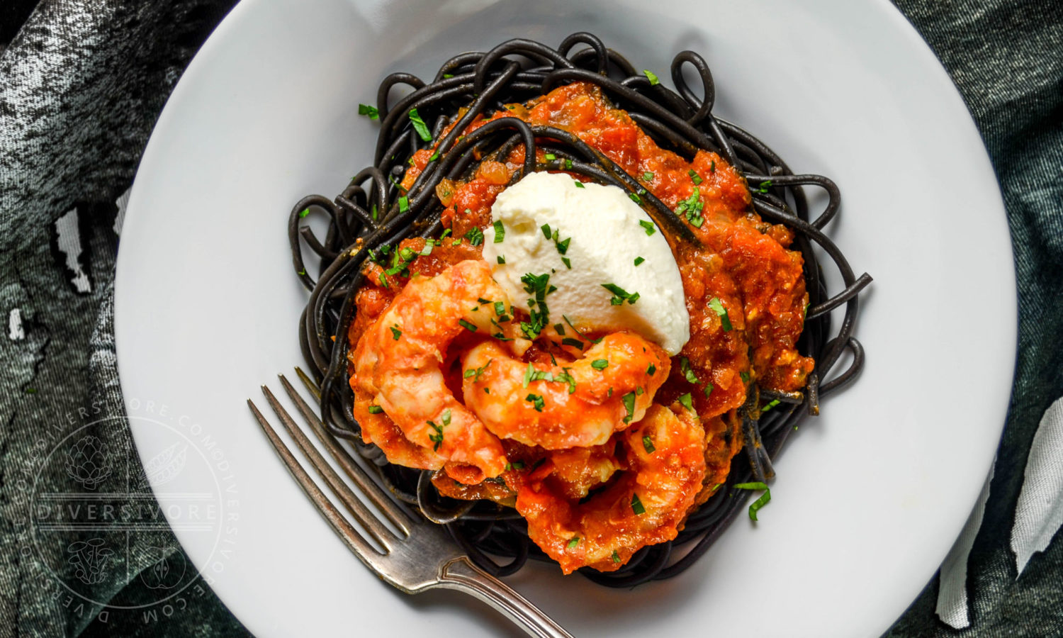 Spot Prawns in a spicy tomato sauce with mascarpone and nero di seppia (cuttlefish ink) pasta - Diversivore.com